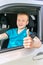 Car driver. Caucasian teen boy showing thumbs up, car key and ne