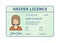 Car driver licence identification. Driver licence plastic card with woman photo.