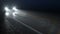 Car drives along country night wet road with headlights turned on, seamless loop