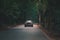 The car drives through a dense dark forest