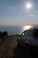 The car drives down the Bozburun mountain on a dirt road against the backdrop of the Mediterranean Sea