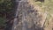 Car drives on forest sand road at summer day filmed from above