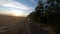 Car driving near agricultural field at sunset