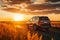 A car driving on a scenic road during a beautiful sunset, capturing the tranquil journey into the twilight