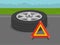 Car driving tips. Perspective close-up summer tire and warning triangle.