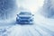 A car driving in winter in dangerous snow and icy conditions