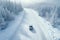 A car driving on winter highway with forest covered by heavy snow. Winter seasonal concept.