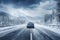 A car driving on winter highway with forest covered by heavy snow. Winter seasonal concept.