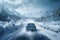 A car driving on winter highway with forest covered by heavy snow. Winter seasonal concept.