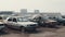 Car dump with old rusting vehicles forming graveyard of abandoned cars, passage of time