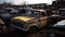 Car dump with old rusting vehicles forming graveyard of abandoned cars, passage of time