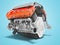 Car engine cast iron red with starter 3d render on blue background with shadow