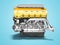 Car engine cast iron yellow with starter left view 3d render on blue background with shadow