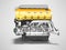 Car engine cast iron yellow with starter left view 3d render on gray background with shadow