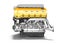Car engine cast iron yellow with starter left view 3d render on white background with shadow