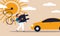 Car EV electric hybrid and man charge vehicle with solar energy. Eco alternative sun station vector illustration concept. Future