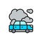 Car with exhaust emissions, car in fire flat color line icon.