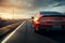 Car on the expressway, close-up. A modern car speeds along the evening highway at sunset. A fast sports car drives in the