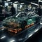 Car Factory Digitalization Industry 4.0 Concept: Automated Robot Arm Assembly Line Manufacturing High-Tech . AI