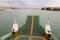 A car ferry approaches the city of Venice, Italy.