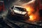A car is on fire and completely ablaze on a train track in a stunning accident, Train crashes into a car, AI Generated