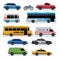 Car flat icons. Public city transport bus, cars and bike, truck. Vehicle vector cartoon symbols