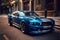 car Ford Mustang with racing stickers driving at street