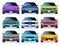 Car front view set. Urban traffic vehicle model cars icon transport color fast auto road city traffic driving set