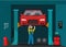 Car garage vector illustration, man mechanic standing and repairing auto