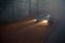 Car headlight beams in dense mist