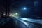 car headlights shining on icy road at night