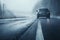 car on the highway, winter wet road, danger of an accident in rainy weather slippery asphalt
