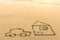 A car and a house drawn by hand on the beach sand in Sunny day.