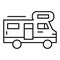 Car house on wheels thin line icon. Truck moving house vector illustration isolated on white. Camper outline style