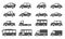 Car icons. Black vehicle silhouettes, automobiles for travel, auto models. Sedan, truck and suv, bus and other transport