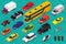 Car icons. Flat 3d isometric high quality city transport. Sedan, van, cargo truck, off-road, bus, scooter, motorbike