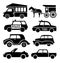 Car icons set, black auto pictogram collection