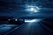 A car illuminated by headlights drives down a dimly lit road at night, A sports car under moonlight on a winding road, AI