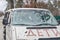 The car with the inscription `Children` was shot. the city of Bucha. Ukraine