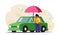 Car insurance against natural disasters. People with an umbrella stands near his car. Modern flat vector illustration