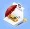 Car insurance services. Insurance contract document with pen money coin and red umbrella. Vector isometric illustration