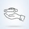 Car insurance sign line icon or logo. Car with Care hands around concept. collision damage waiver linear illustration