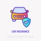 Car insurance thin line icon: car with shield. Modern vector illustration