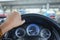 Car interior background young woman drive car with hand. image f