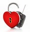 Car key inside open red heart shaped box. 3D illustration