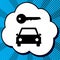 Car key simplistic sign. Vector. Black icon in bubble on blue po