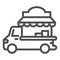 Car with kiosk line icon, Street food concept, Food truck sign on white background, Coffee Car on wheels icon in outline