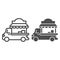 Car with kiosk line and solid icon, Street food concept, Food truck sign on white background, Coffee Car on wheels icon