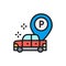 Car with large parking pointer flat color line icon.