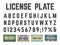 Car license plates alphabet. Vehicle registration signs latin alphabet, license plates numbers and letters vector